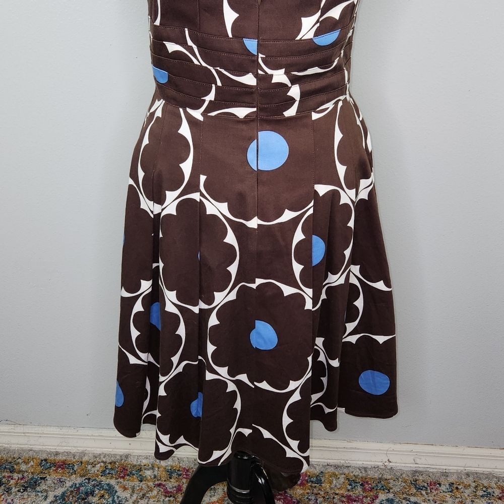 VTG Kay Unger Brown & Blue Polka Dot Strapless Fit & Flare Pleated Hem Dress 12 - Picture 10 of 15